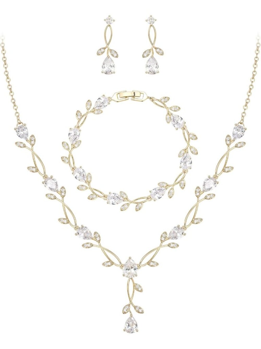 Elegant Pearl & Cubic Zirconia Leaf Bridal Jewelry Set for Women - Wedding